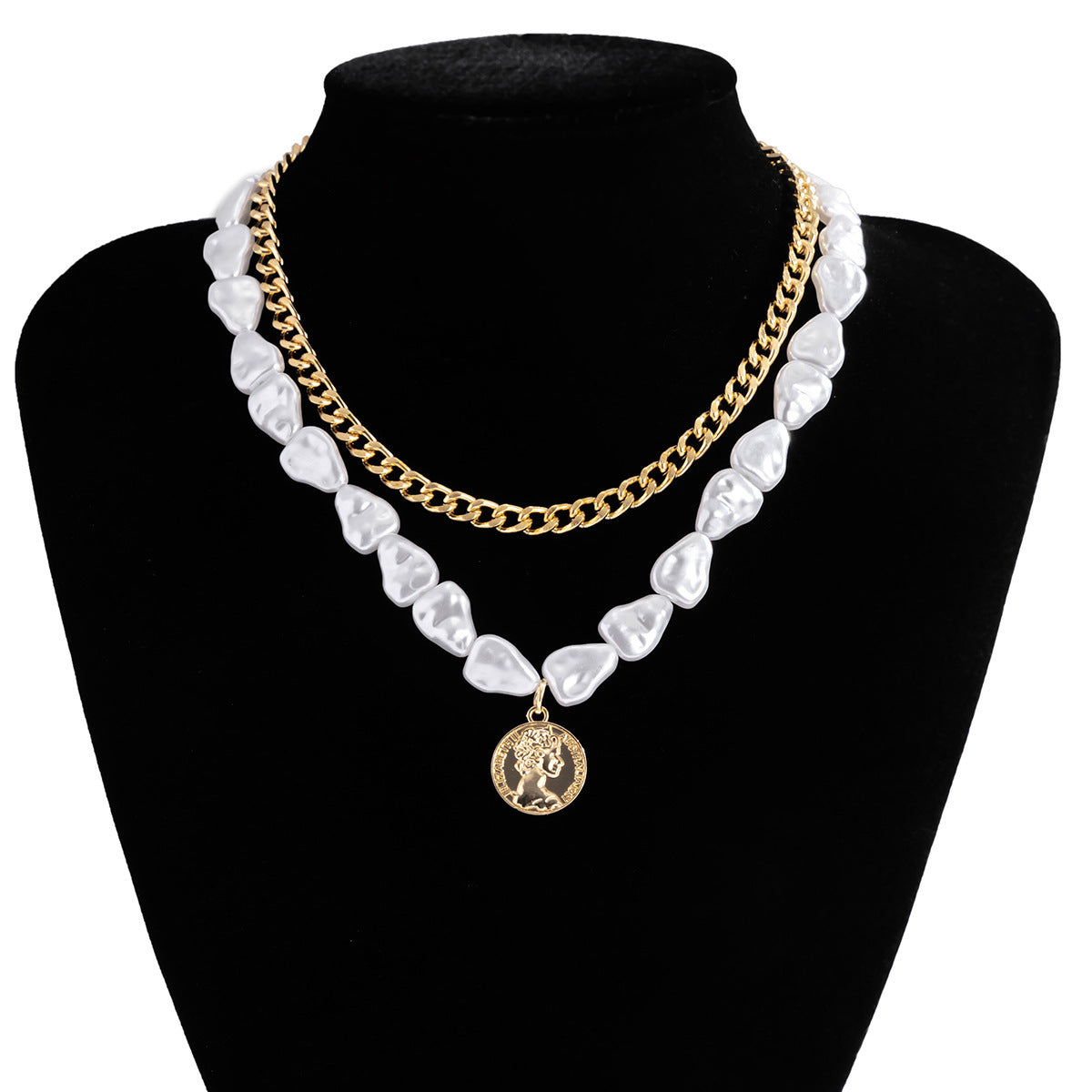 Carved Coin Pendant Layer Chain Necklace