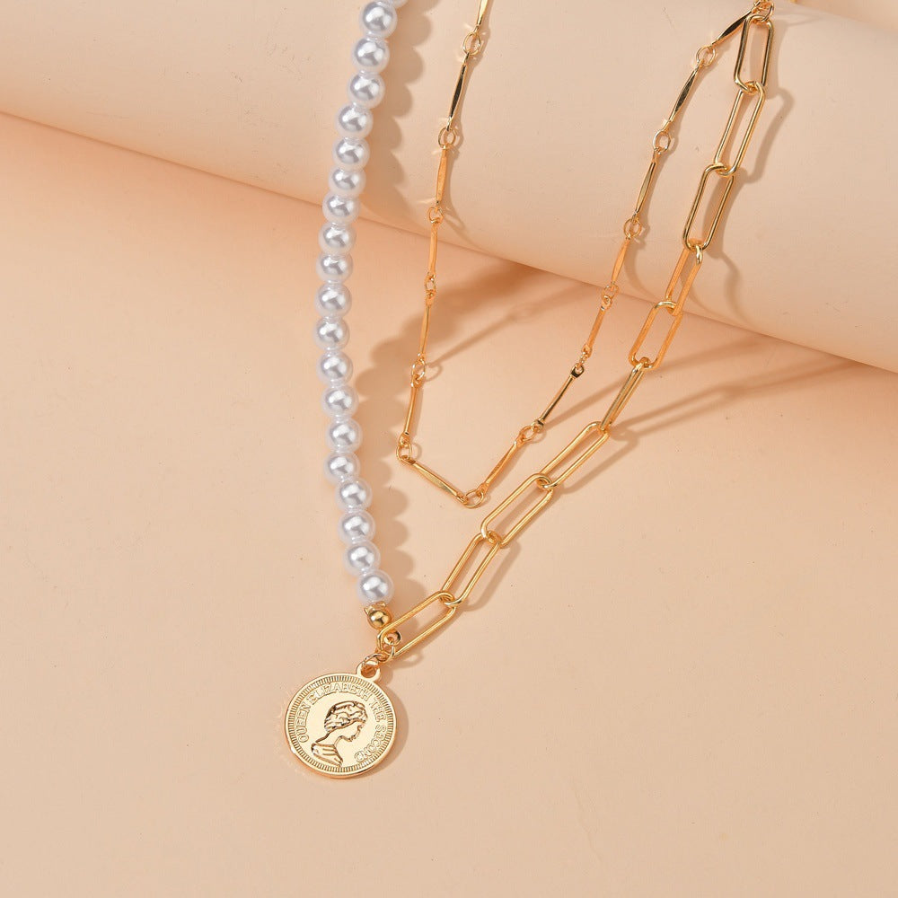 Punk Jewelry Imitation Pearl Coin Pendant Necklace