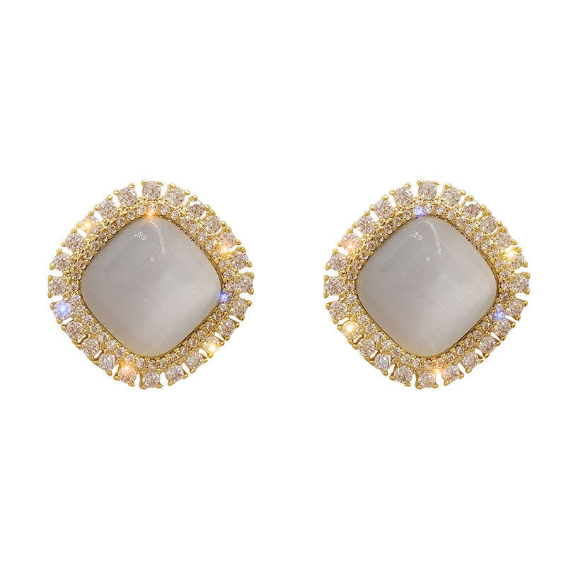 Opal Square Earrings Crystal Rhinestone Geometric Stud Earrings