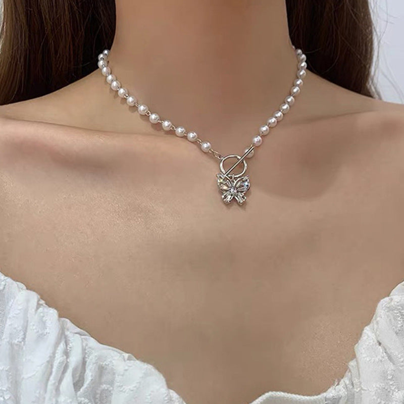 Fashion Stone Pearl butterfly Choker Collar Necklace