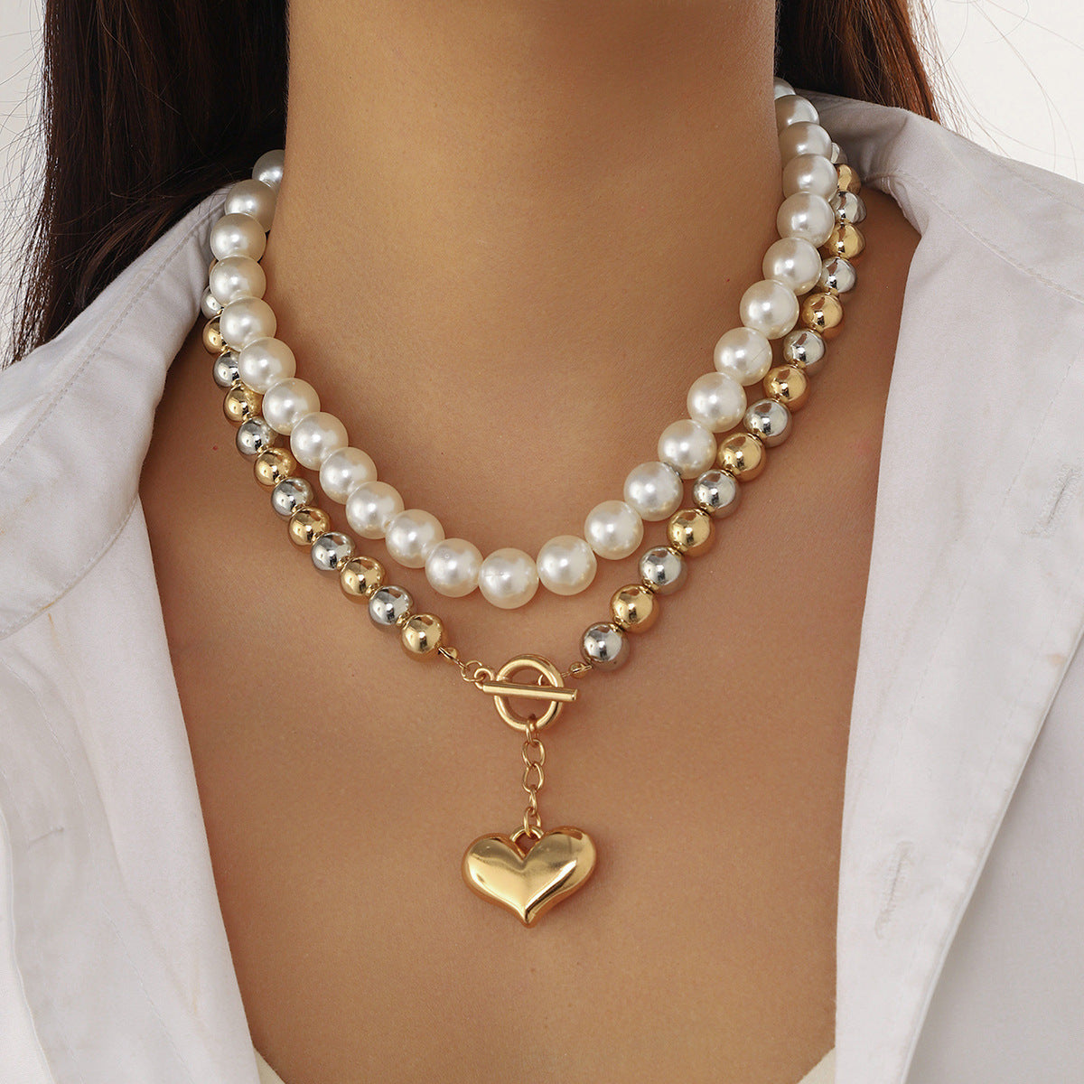 Punk Multi-layer CCB Heart Round Bead Necklace