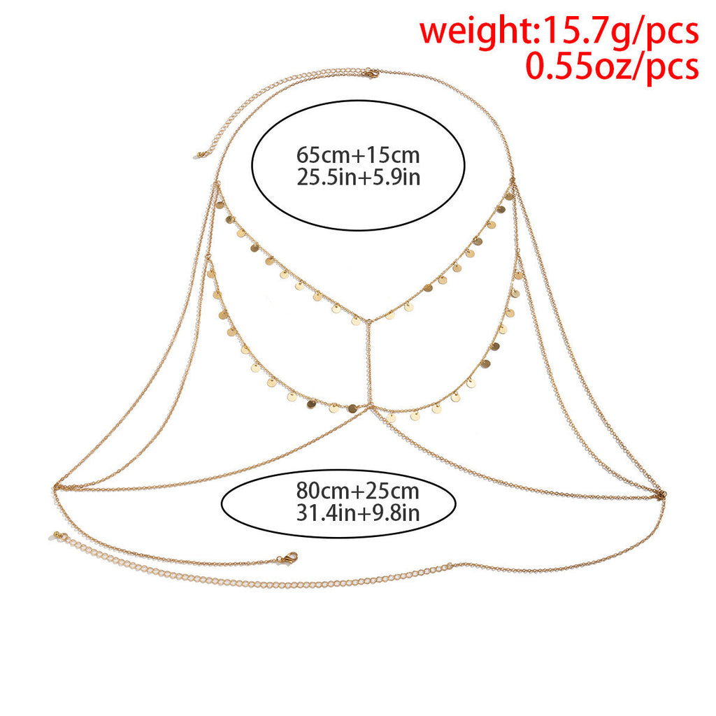 Multi-Layer Metal Small Round Piece Tassel Chest Chain Body Chain