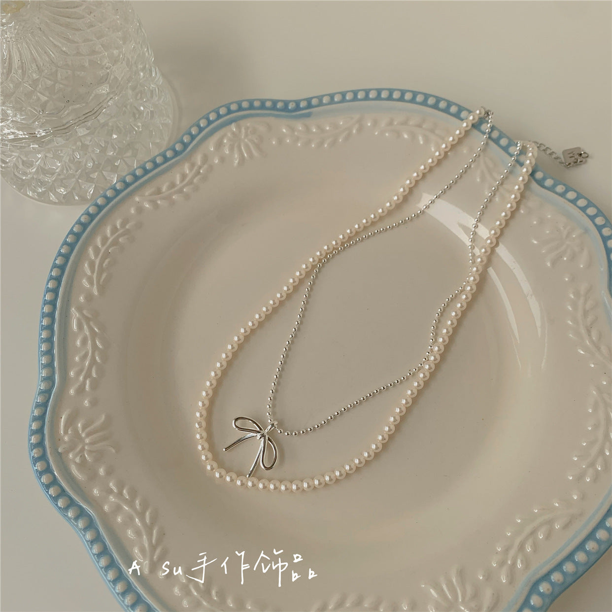 Bow Knot Shape Necklace Women Pearl Beads Necklace