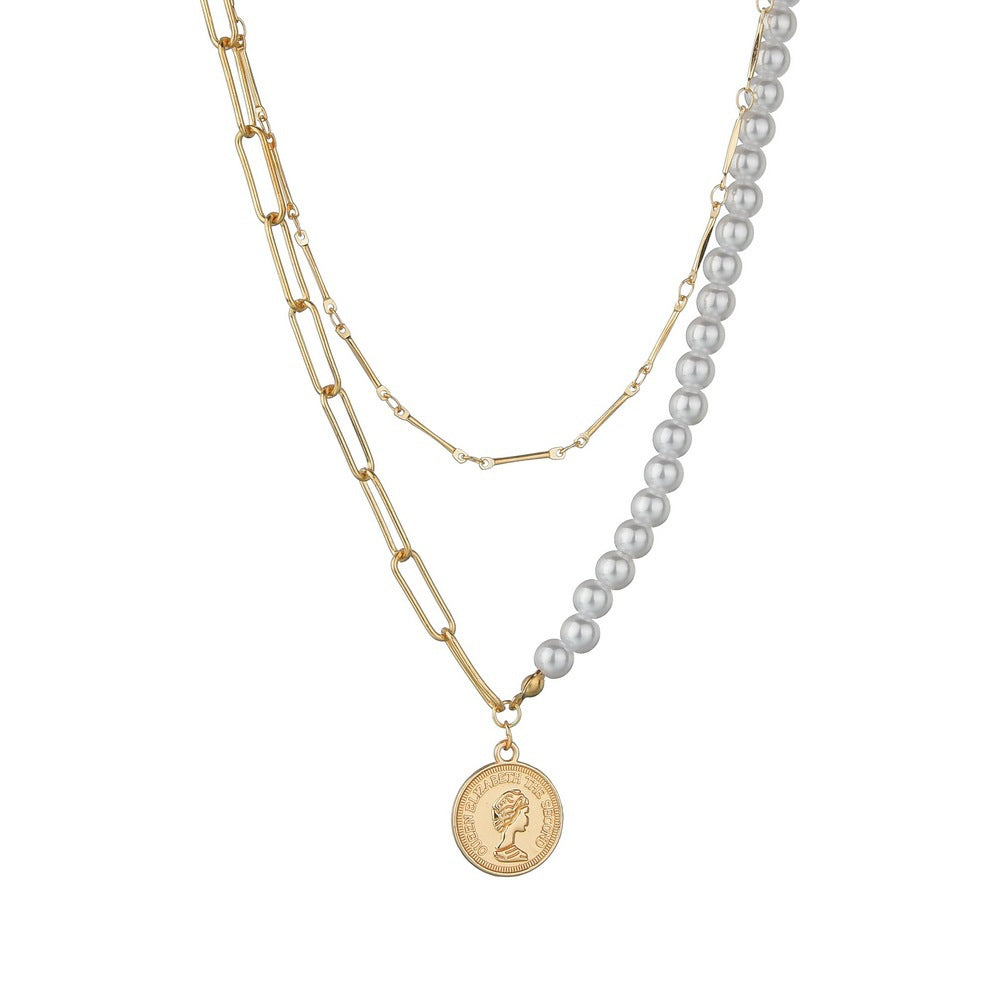 Punk Jewelry Imitation Pearl Coin Pendant Necklace