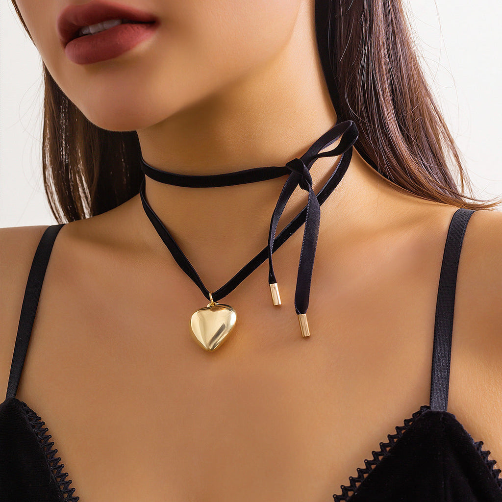 Double Layer Pink Lace Chain Metal Heart Pendant Choker Necklace