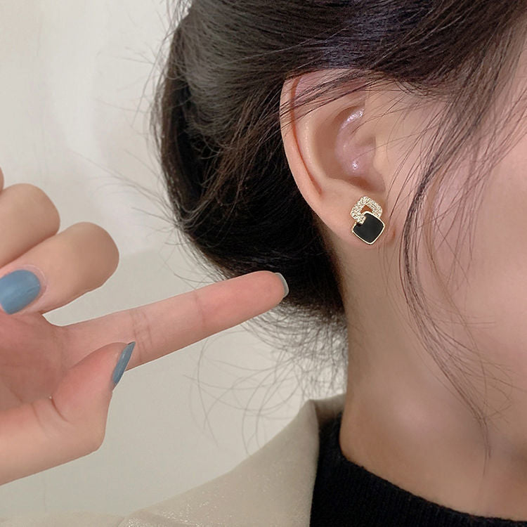 Black Enamel Geometric Square Stud Earrings