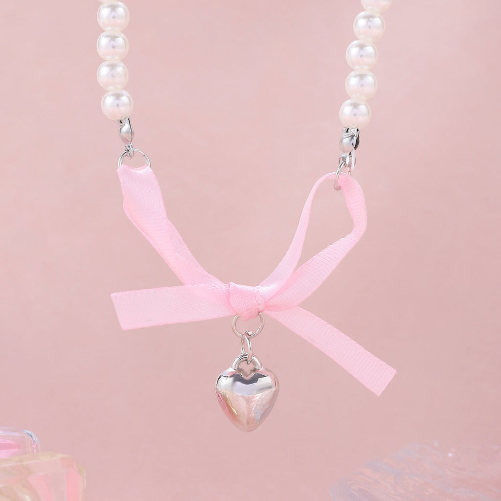 Romantic pink love Bow Pearl Necklace