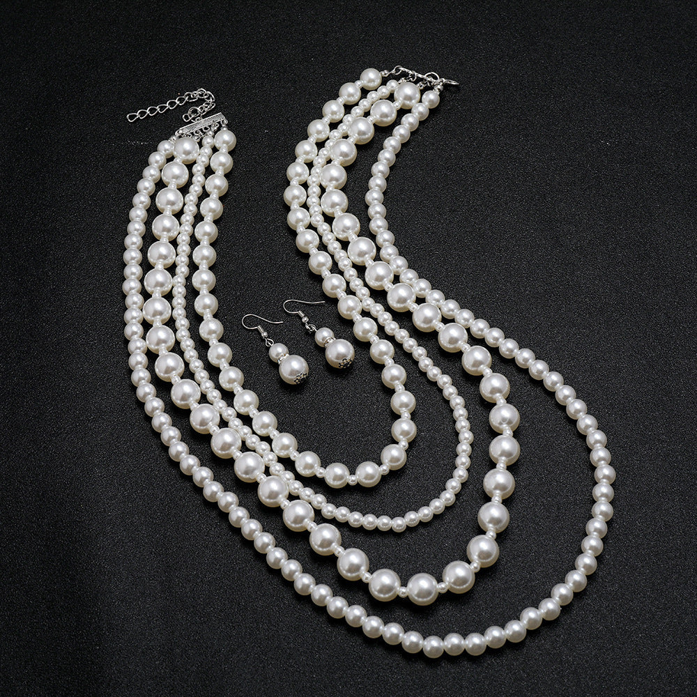 Fashion Multi Layers Long Pearl Necklace Earrings Set for Women