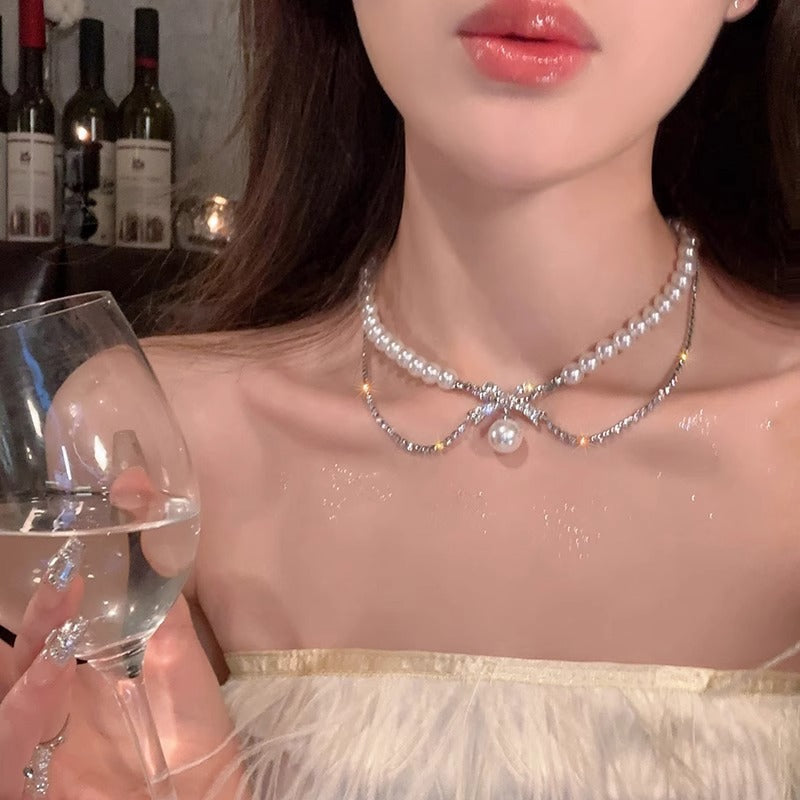 Bow Pearl Necklace Multi Layered Zircon Pearl Clavicular Chain Necklace for Women