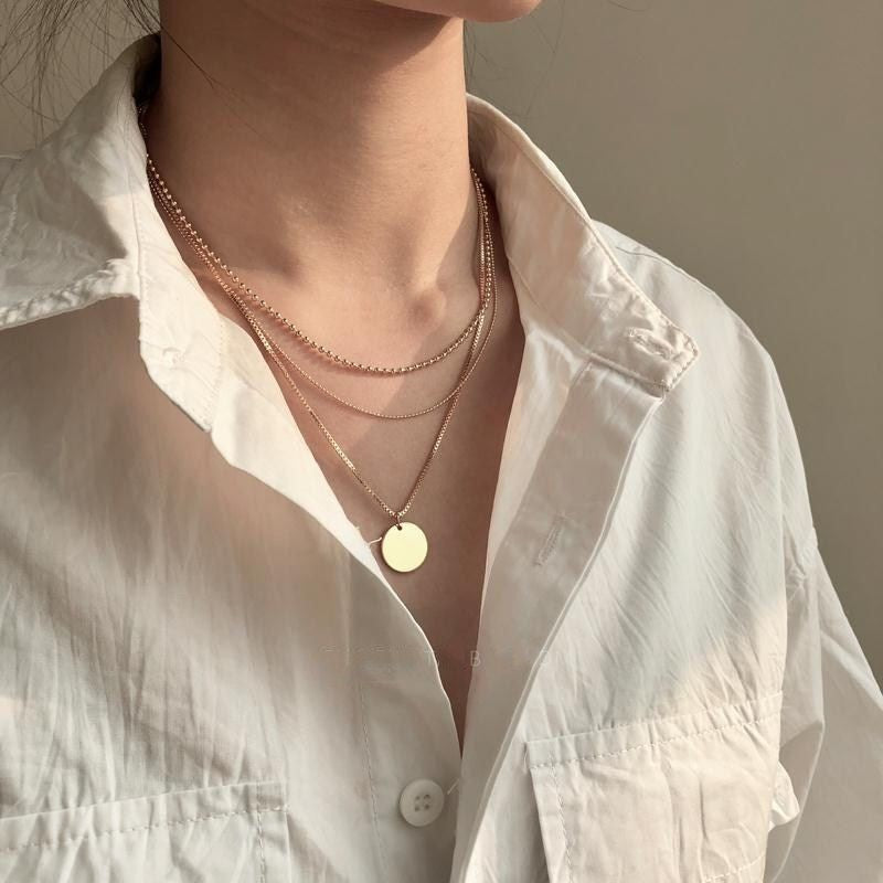 Multi 3 Layers Chain Metallic Metal Round Disc Pendant Necklace