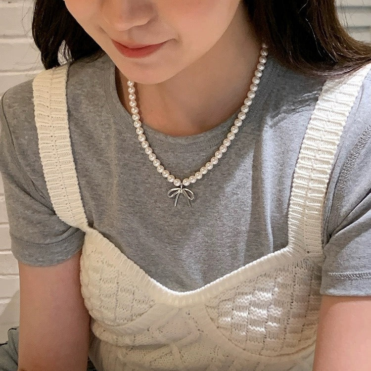 Bow Knot Women Pearl Beads Necklace