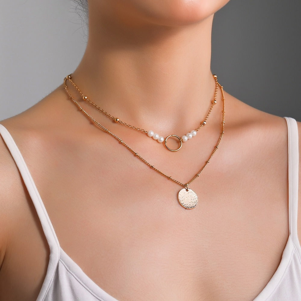 Layered Disc Pearl Pendant Necklace