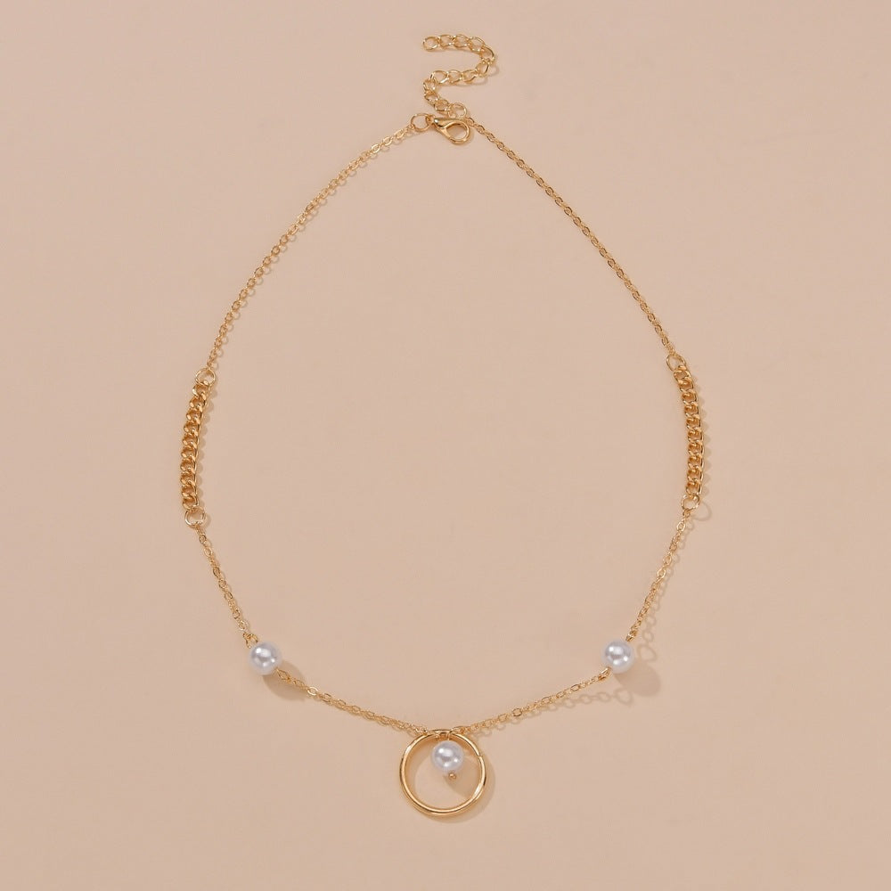 Chain Circle Pearl Charm Necklace