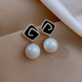 Geometric Square Black Enamel Pearl Earrings