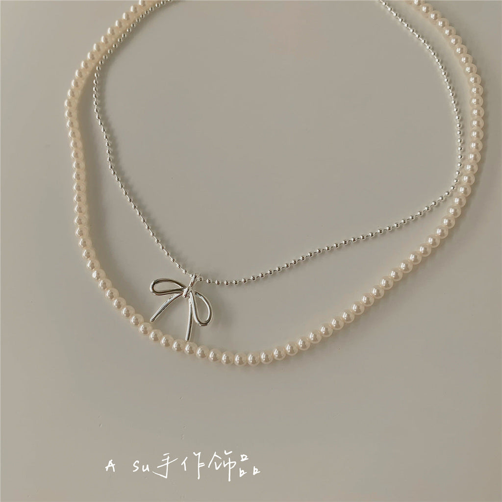 Bow Knot Shape Necklace Women Pearl Beads Necklace