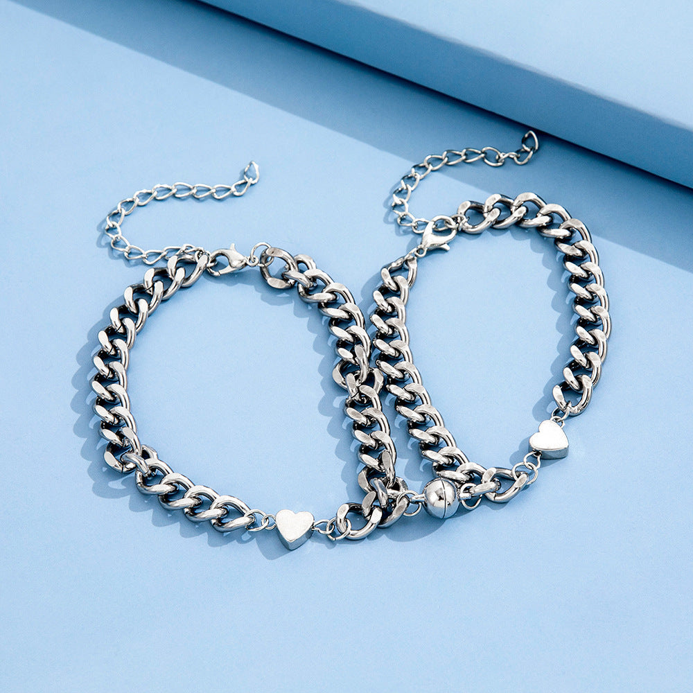 2 Pcs/set Couple Lover Bff Alloy Magnetic Cuban Bracelet