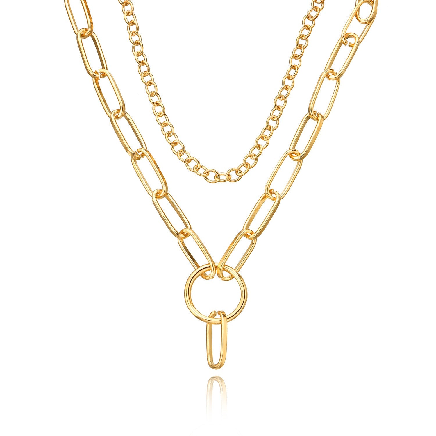 Double Layer Cuban Link Chain Necklace Chunky With Ring Pendant