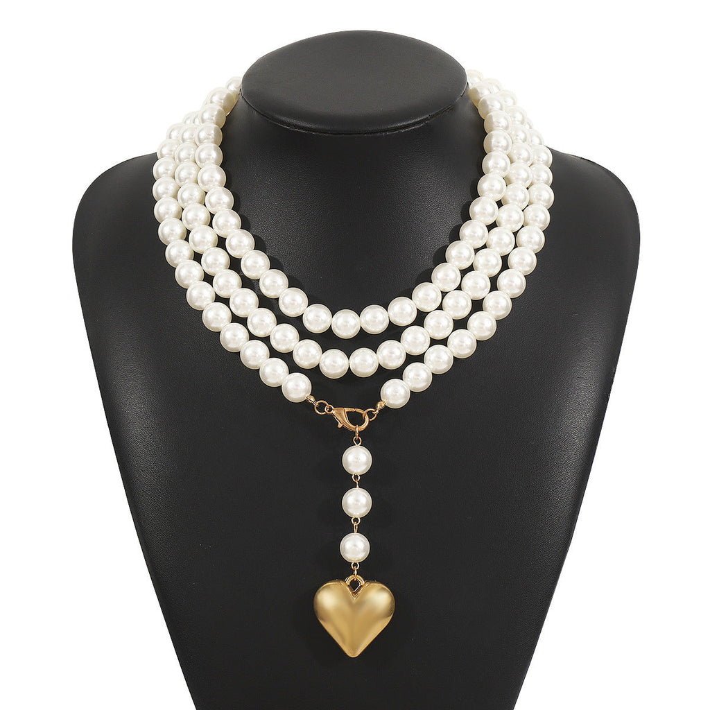 Bohemia Multilayer Long Pearl Chain Necklace Love Heart Pendant