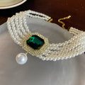 Layered Big Rhinestones Pearl Beads with Green/Red/Transparent Crystal Short Choker Necklace