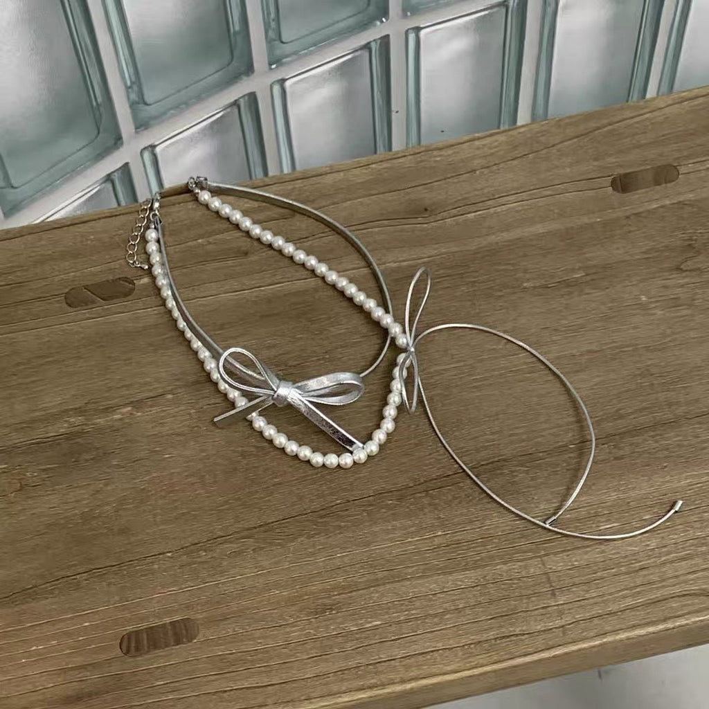 Double-layer Pearl Leather butterfly Collar Necklace Jewelry