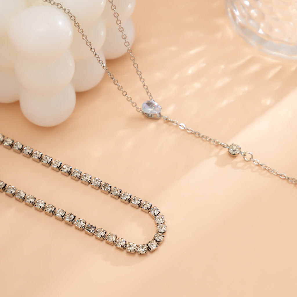 Double Layered Simple Pendant Necklace Long Tassel Zircon Charm Necklace