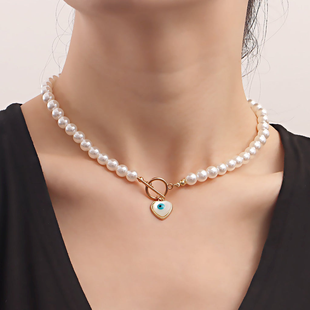 Pearl Beads Chain Necklace Blue Turquoise Heart Pendant Choker