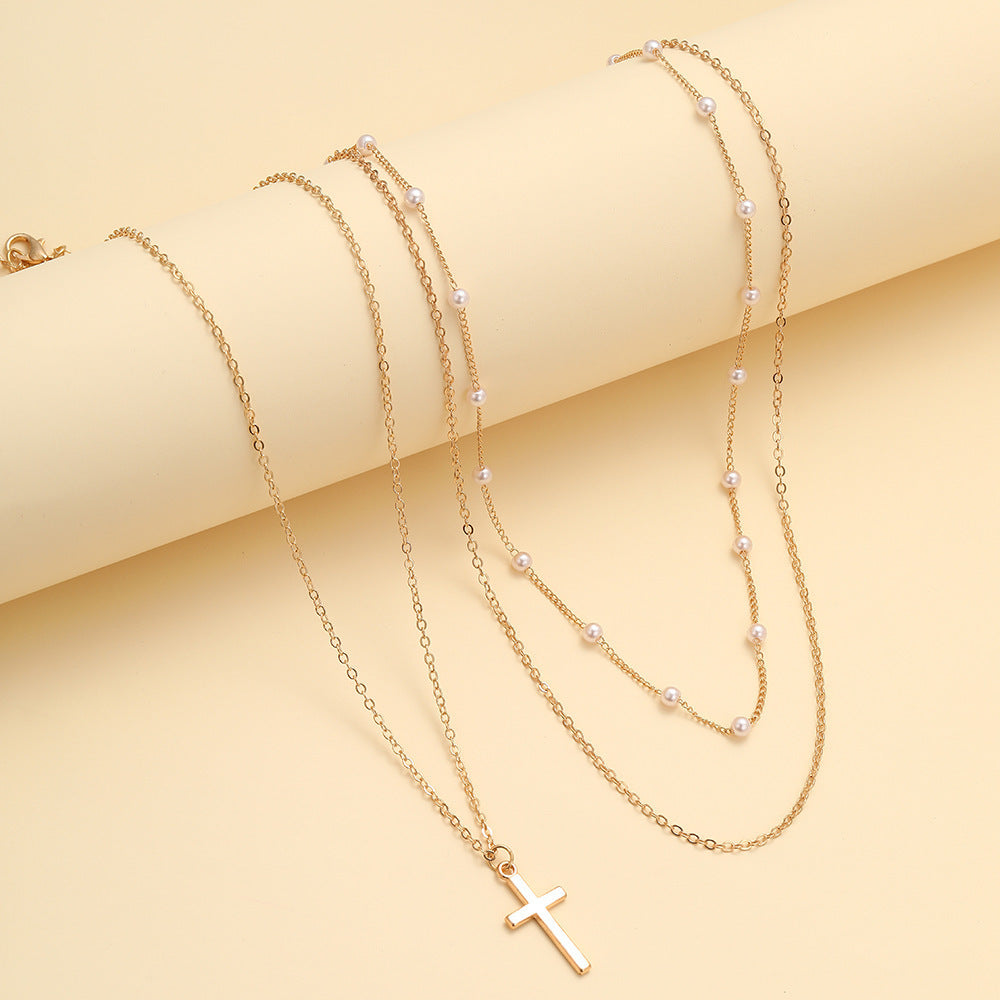 Chain Cross Three-layer Pearl Chain Cross Necklace