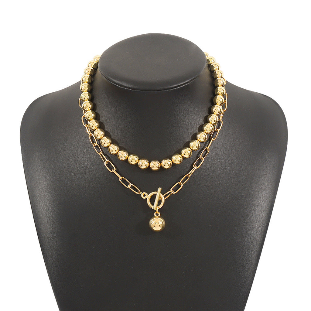 Hip Hop Beaded Set Necklace Geometric OT Buckle Short Ball Pendant Necklace