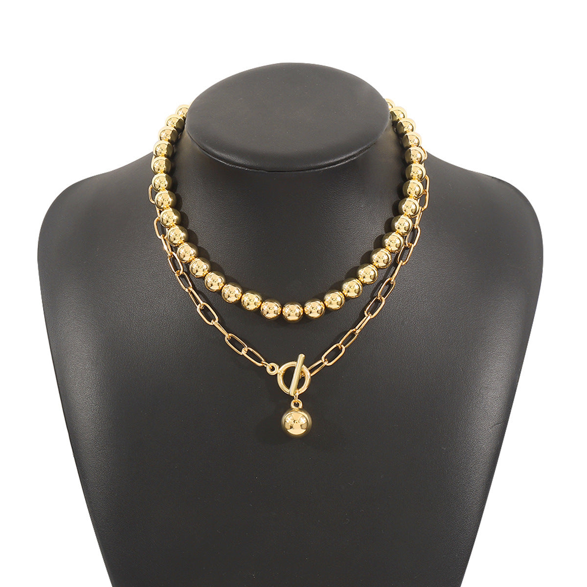 Hip Hop Beaded Set Necklace Geometric OT Buckle Short Ball Pendant Necklace