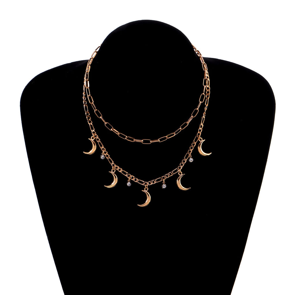 Vintage Jewelry Multi Moon Charm Layered Chain Necklace