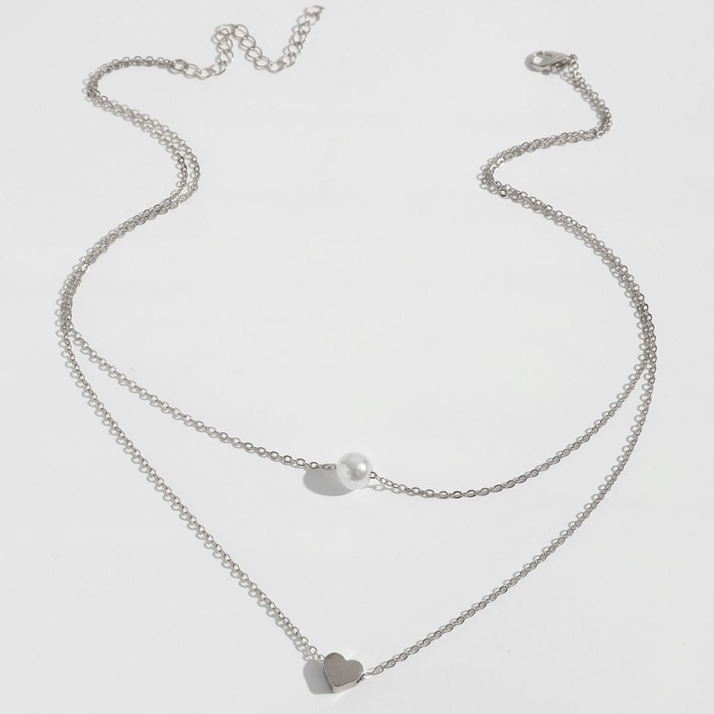 Women Pearl Charm Heart Pendant Double Layer Necklace
