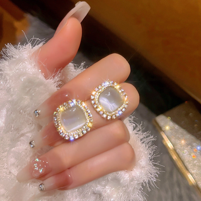 Opal Square Earrings Crystal Rhinestone Geometric Stud Earrings