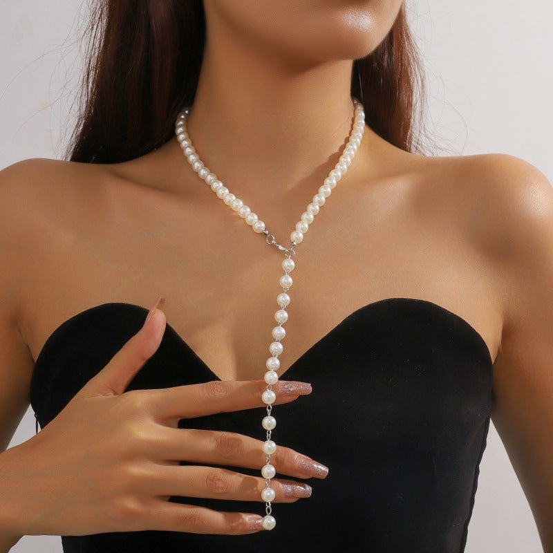 Vintage Round Bead Chain Beaded Necklace Simple Imitation Pearl Tassel
