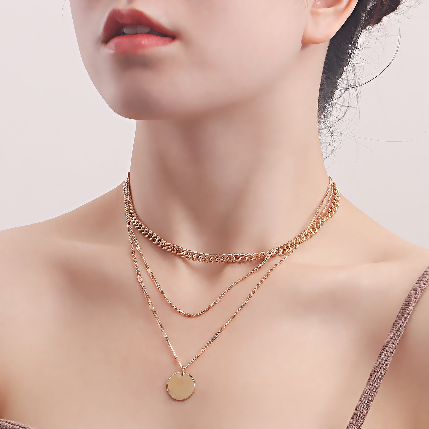 Multi Layered Chain Necklace for Women with Round Charm Pendant