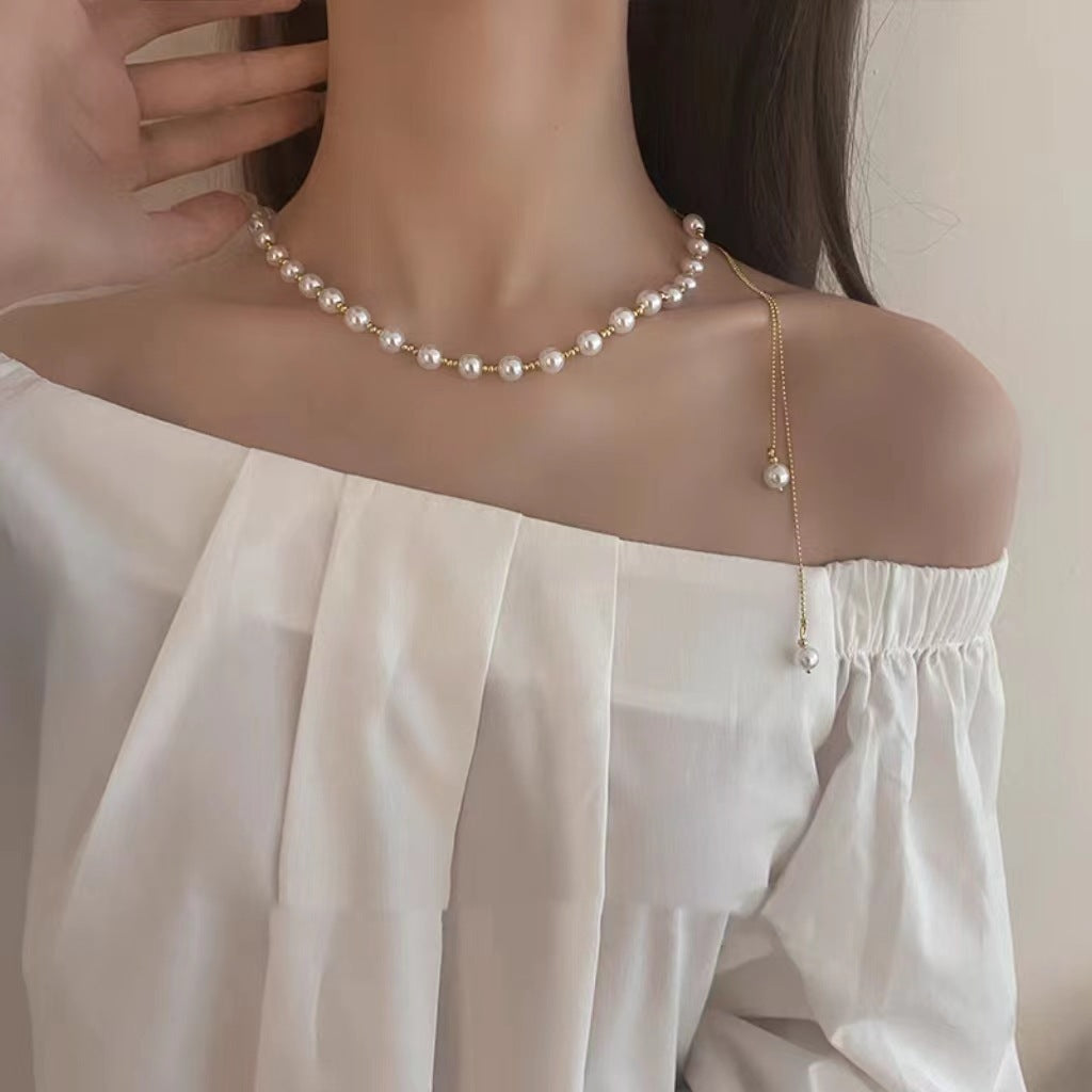 Women Tassel Plain Pearl Single Layer Beaded Necklace