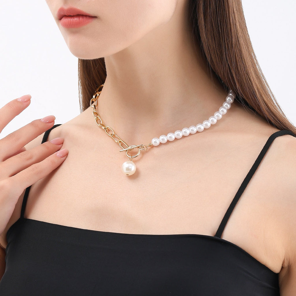 Pearl Necklace Sweater Gold Chain with Toggle Clasp
