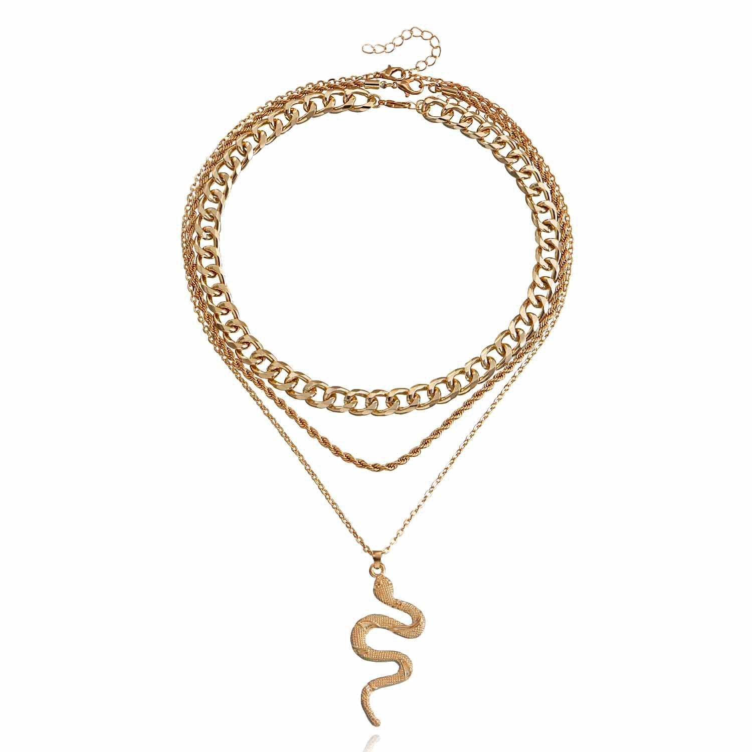 Vintage Cuban Chain Multi Layered Snake Pendant Necklace
