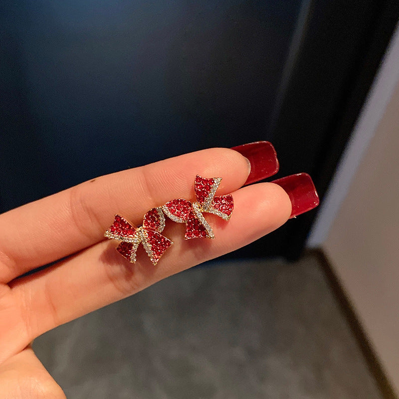 Red Rhinestone Bow Stud Earrings