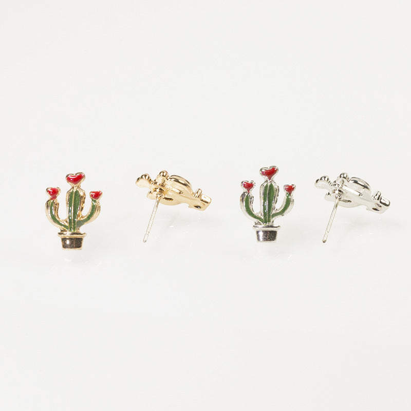 Green Cactus Enamel Stud Earrings