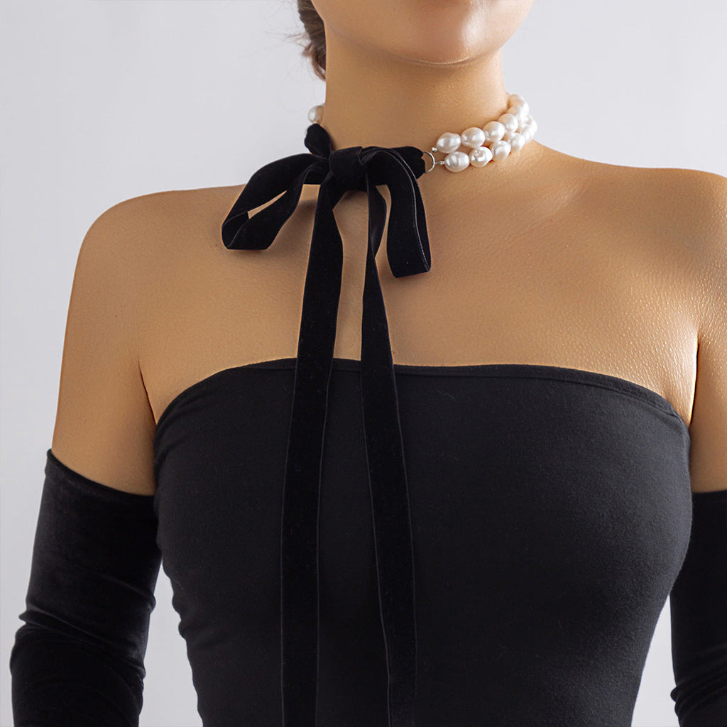 Long Black Velvet Ribbon Bow Choker