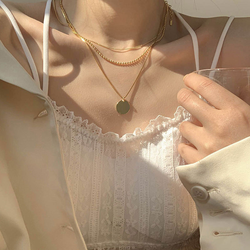Multi 3 Layers Chain Metallic Metal Round Disc Pendant Necklace