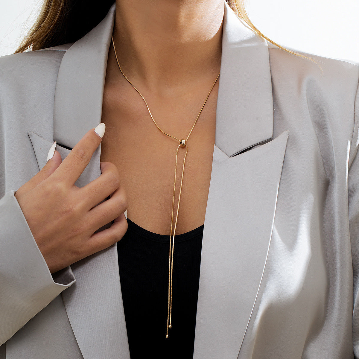 Metallic Long Chain Tassel Necklace Hand Jewelry