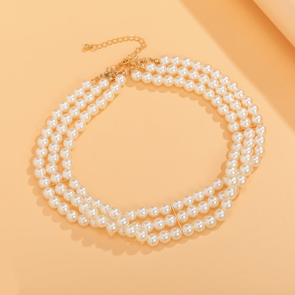 Boho Vintage Pearl Necklace Multi-Strands round Pearl Choker
