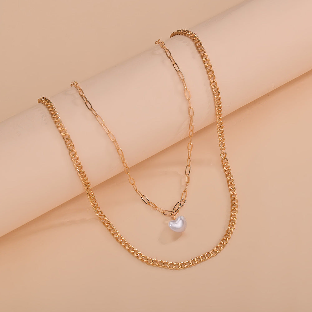 Vintage Pearl Heart Layer Chain Necklace