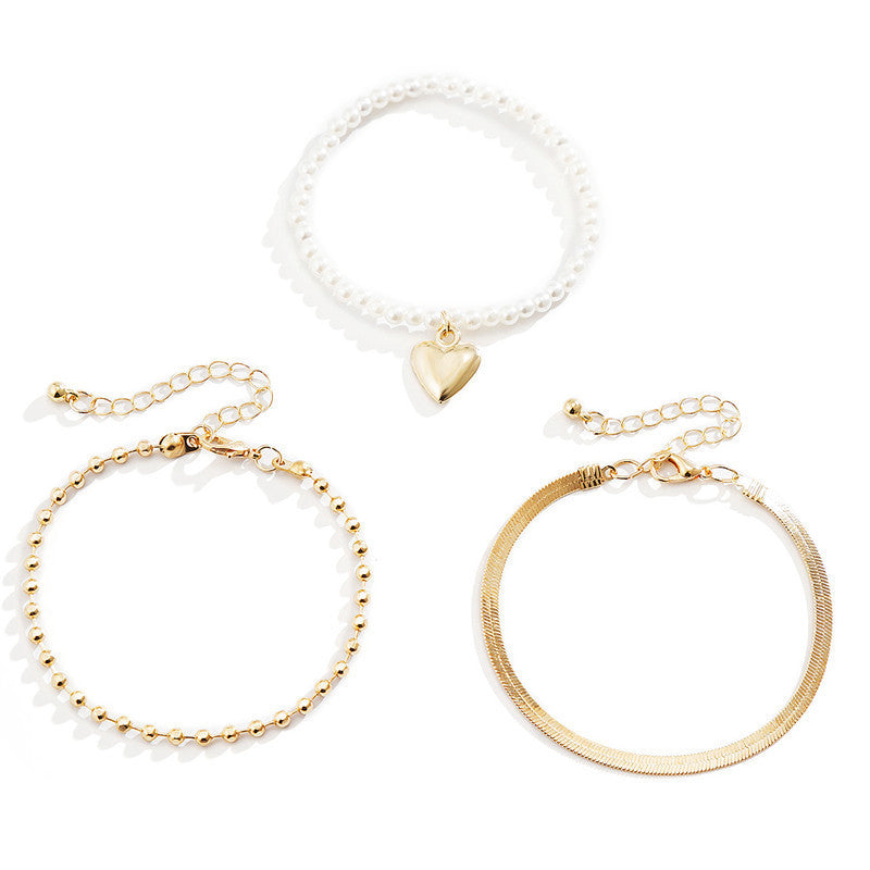 Heart Charms Pearl Beaded Bracelet Set