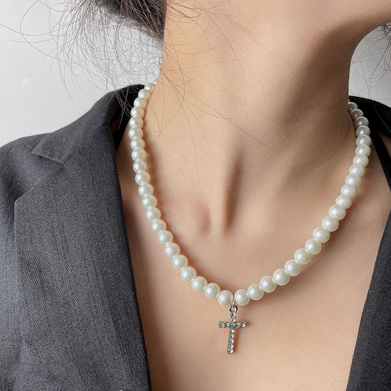 Choker Cross Pendant Pearl Beaded Necklace