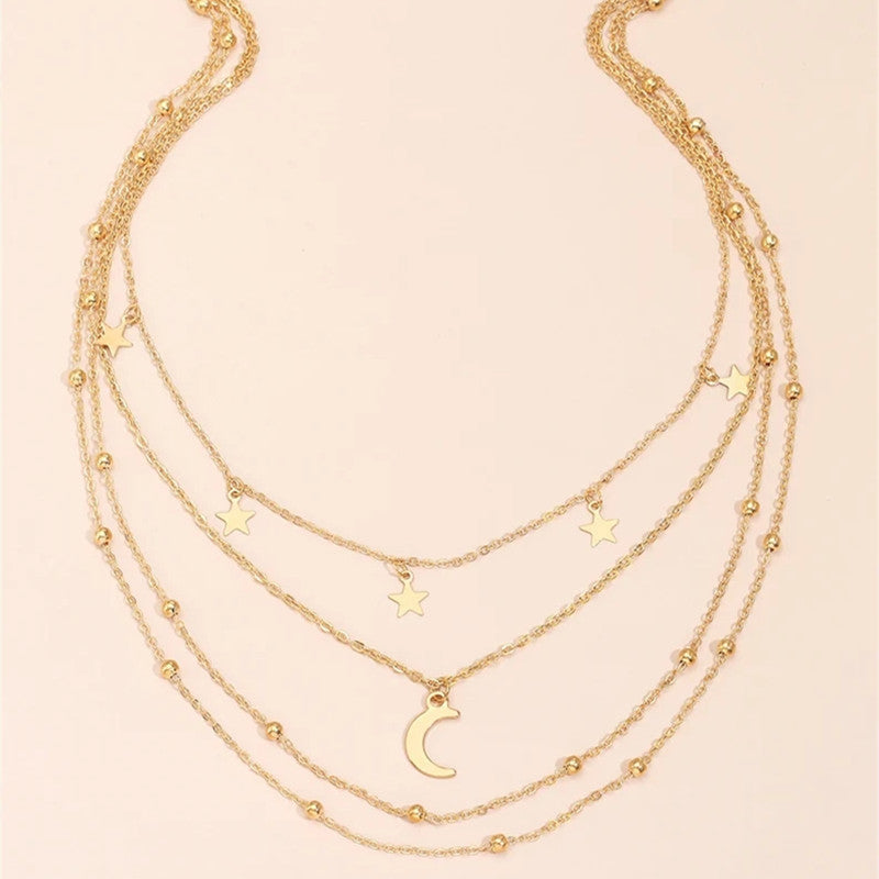Three layer Chain Star Moon Pendant Necklace