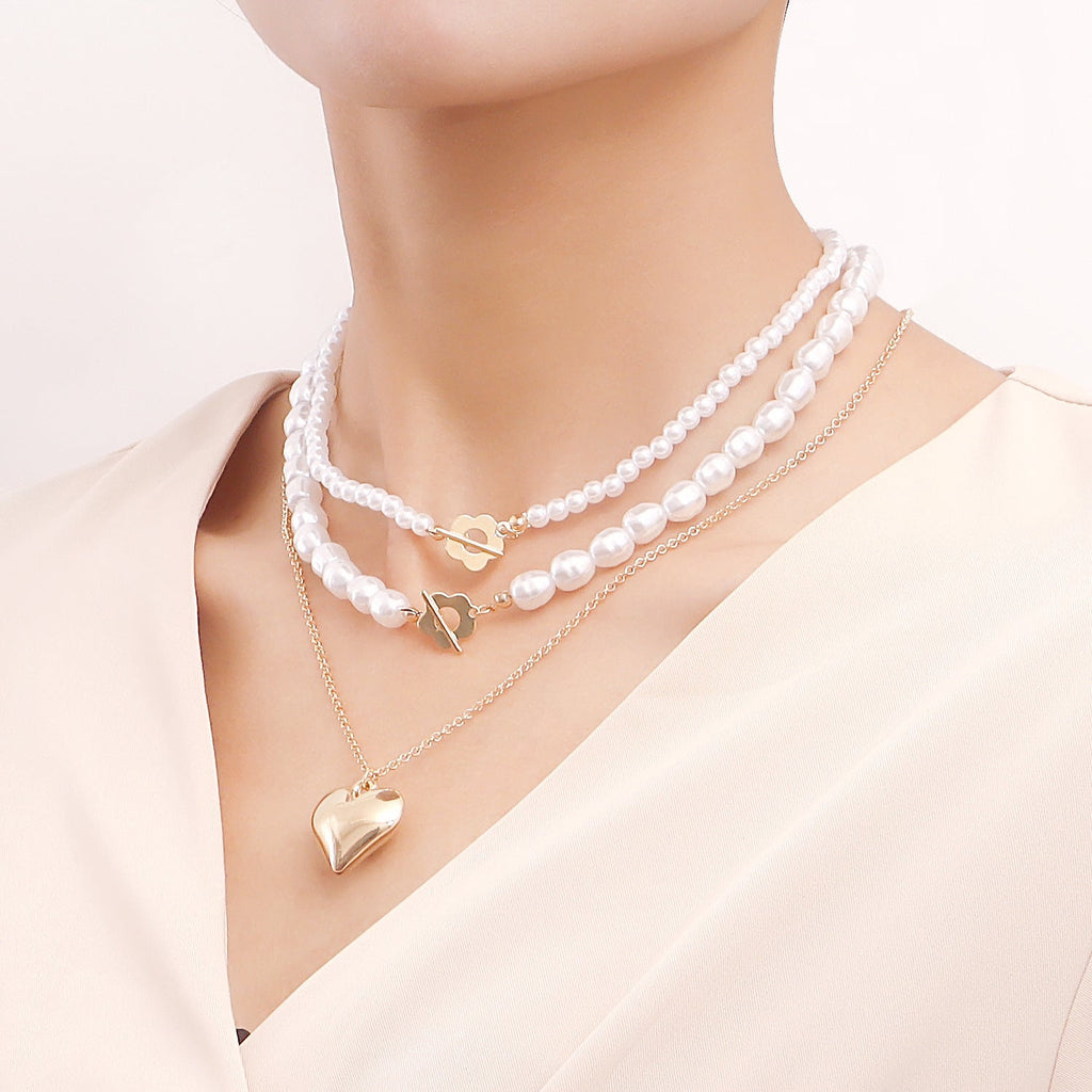 Multi-layer Pearl Necklace Exaggerated Double Layer Gold Heart Pendant Necklace