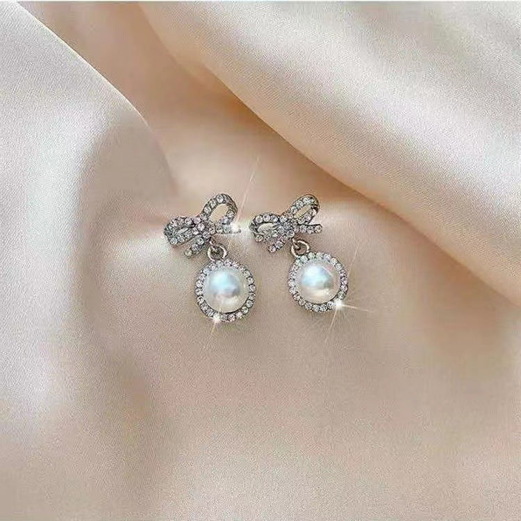 Pearl Rhinestone Bowknot Earrings