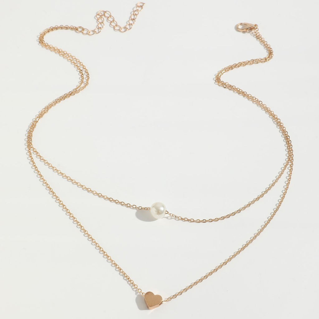 Women Pearl Charm Heart Pendant Double Layer Necklace